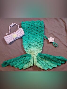 Handmade Crochet Mermaid Tail Blanket - Teal to Mint Ombre